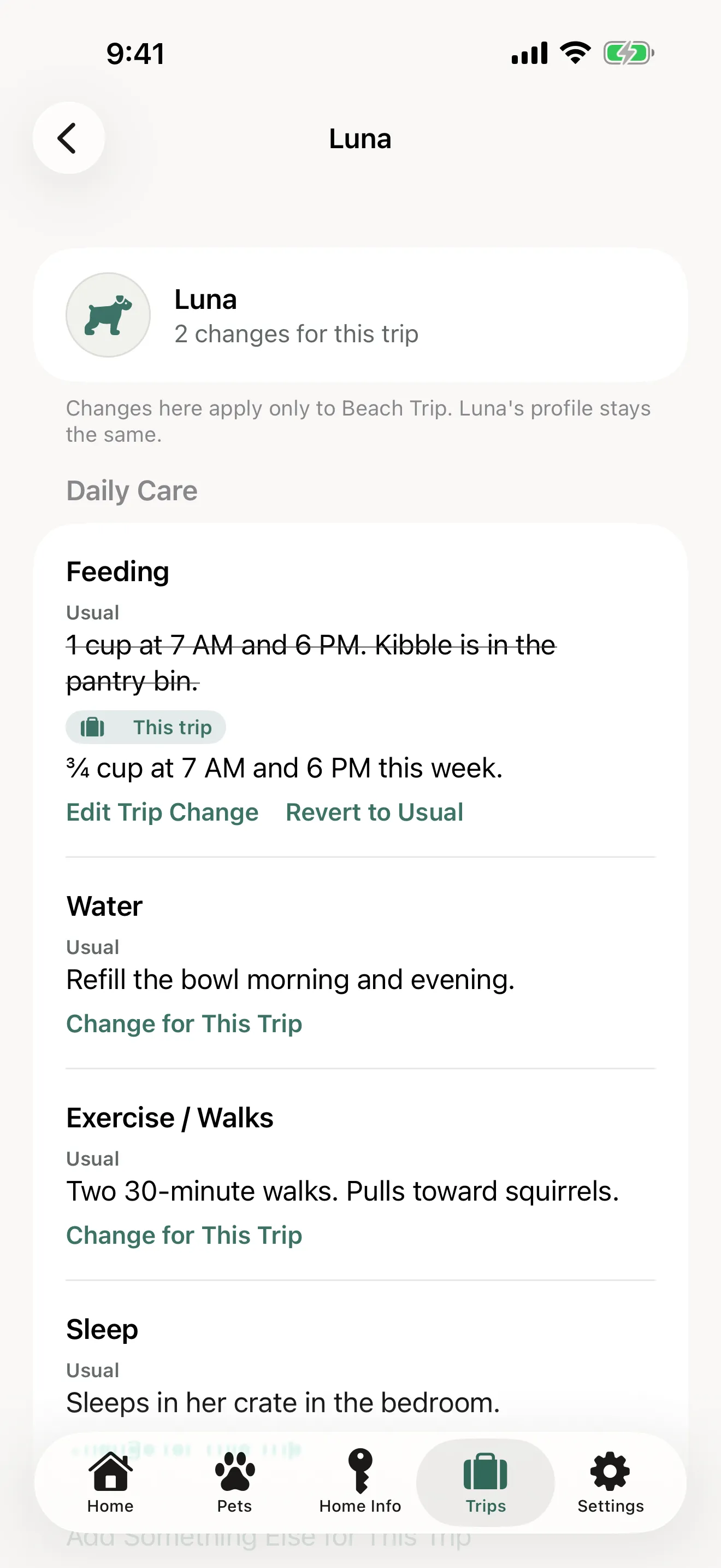 Luna’s feeding instructions for a beach trip: the usual amount crossed out and a smaller portion for this trip.