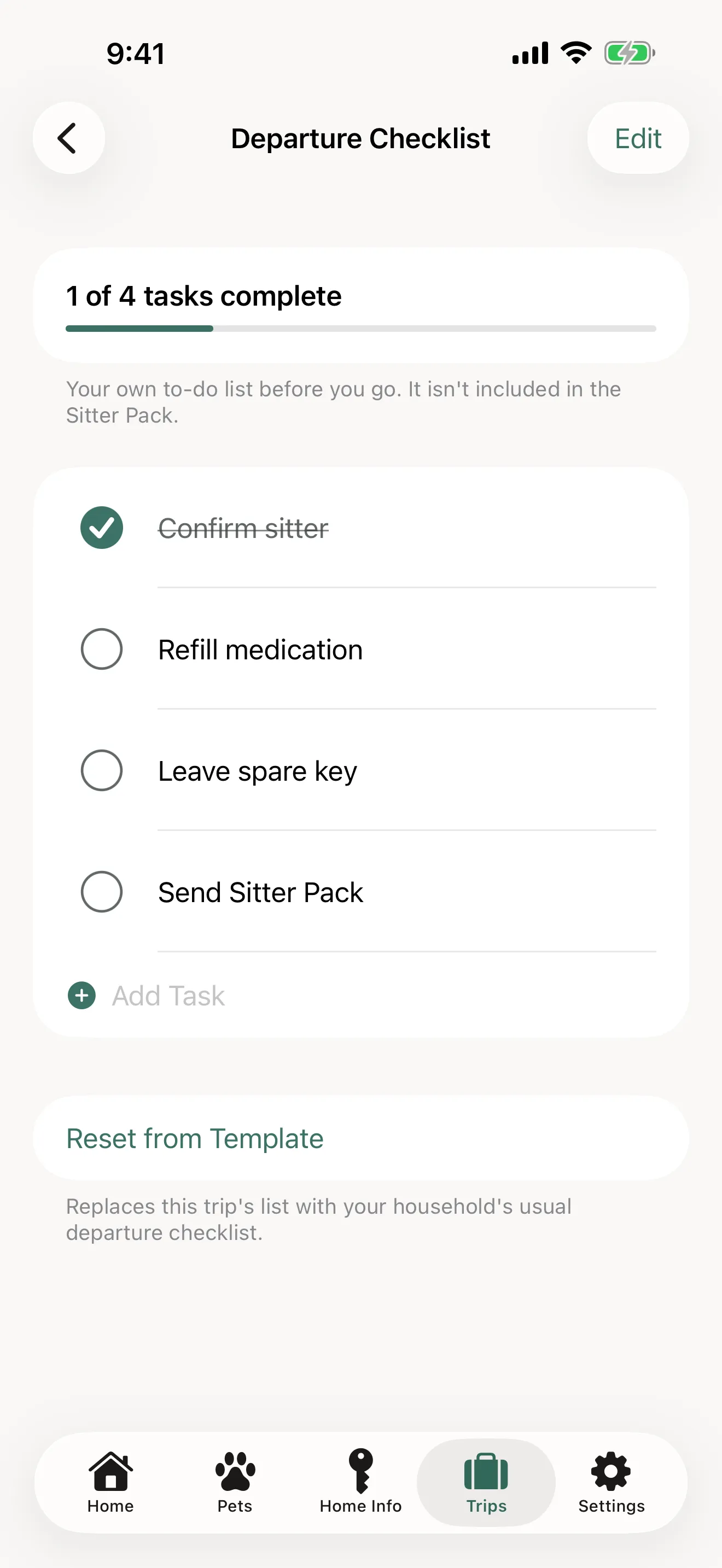 A departure checklist with some tasks checked off.